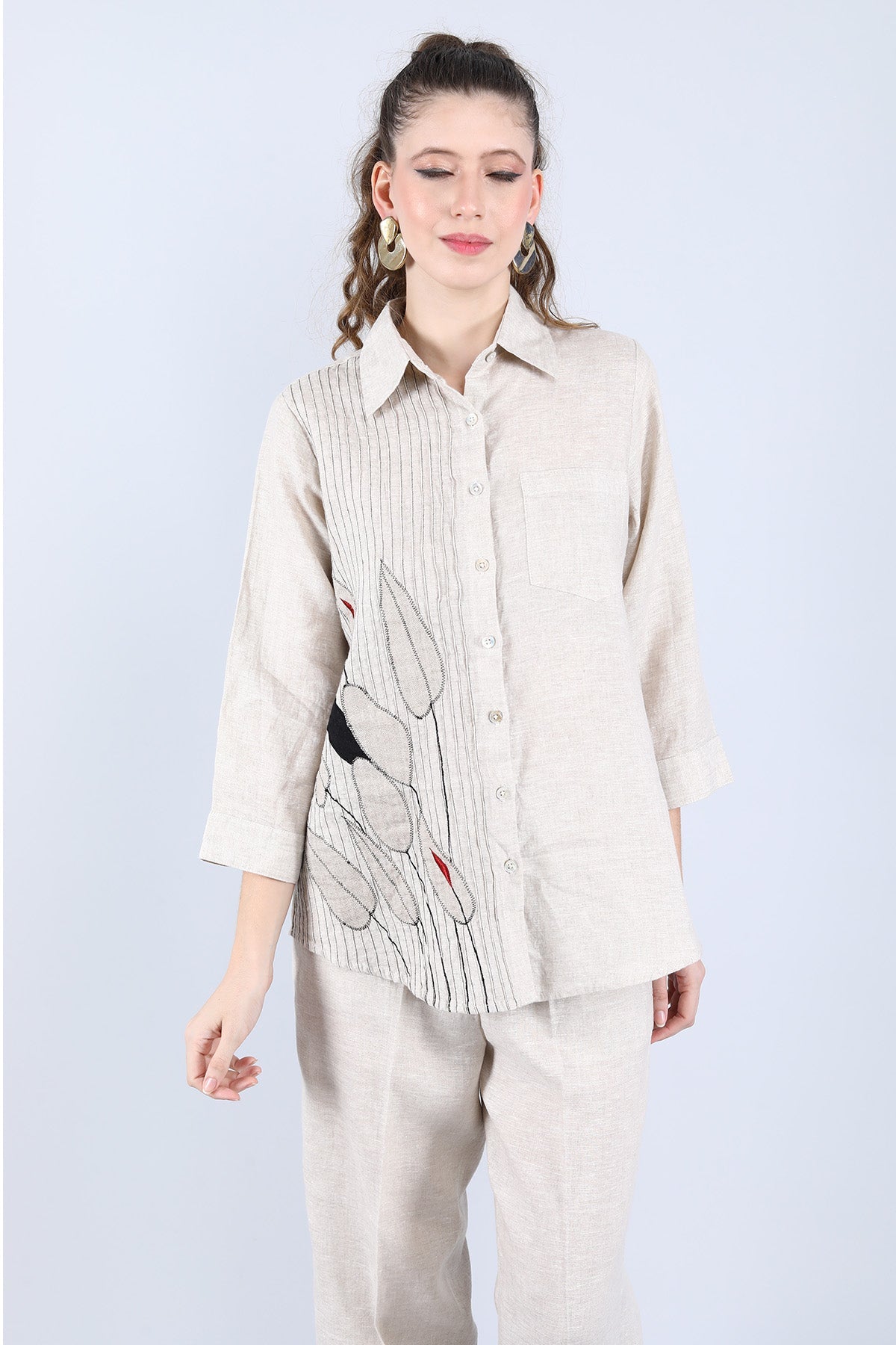 Buy Linen Bloom Beige Leaf Embroidered Shirt for women online available at ScrollnShops
